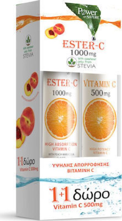 Power Of Nature Ester C 1000mg 20 αναβράζοντα δισκία & Vitamin C 500mg 20 αναβράζοντα δισκία Ροδάκινο Πορτοκάλι